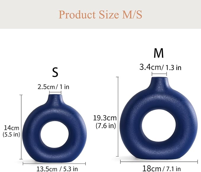 Blue Ceramic Donut Vase Set of 2, Hollow Round Matte Pampas Flower Vases for Boho Home Wedding Party Room Dinner Table Shelf Decor.（Blue）