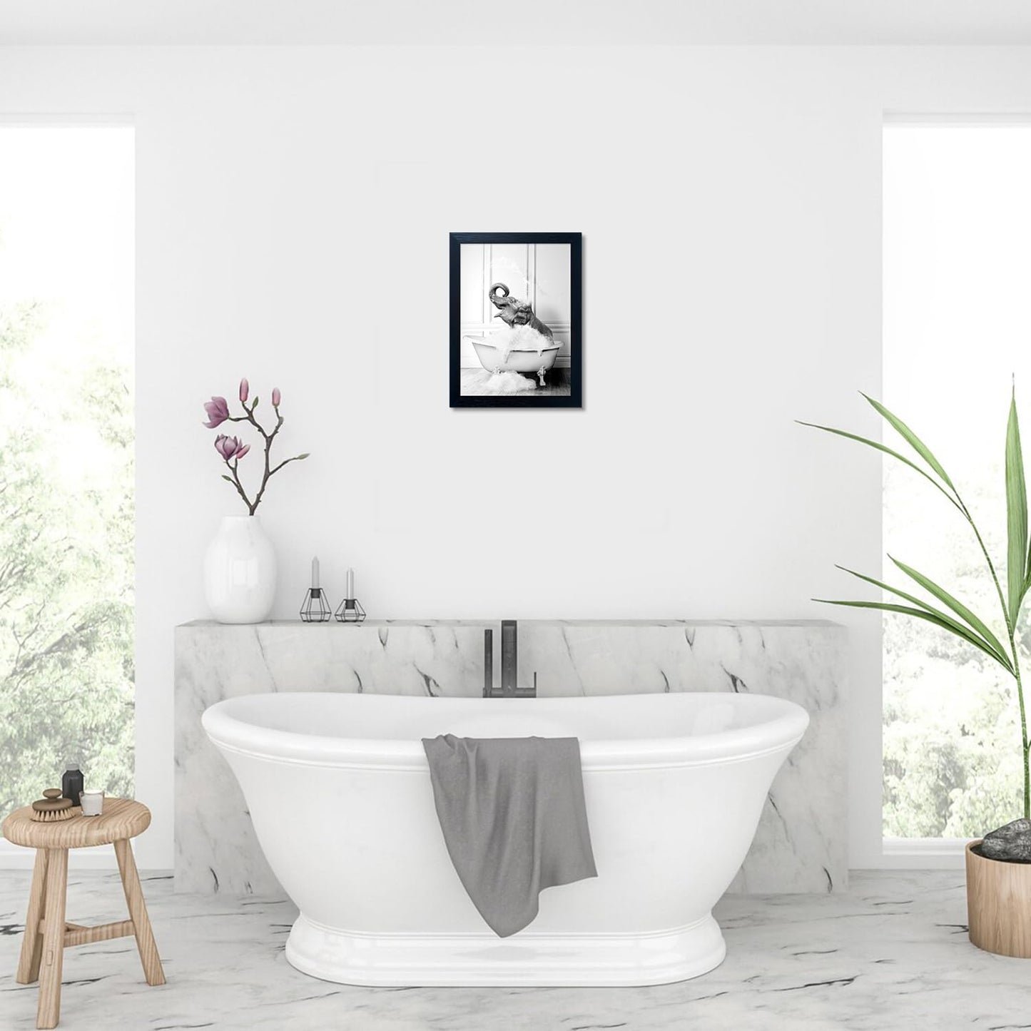Framed Bathroom Decor Wall Art Elephant in Bathtub Pictures Wall Decor Funny Black and White Animal Canvas Print Artworks for Bathroom
