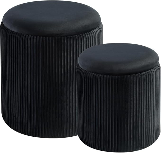 BLEXA Round Set of 2 Ottoman with Storage - Upholstered Velvet Vanity Stool for Makeup Multifunctional Ottomans Coffee Table Padded Seat Foot Rest for Living Room & Bedroom (Black)