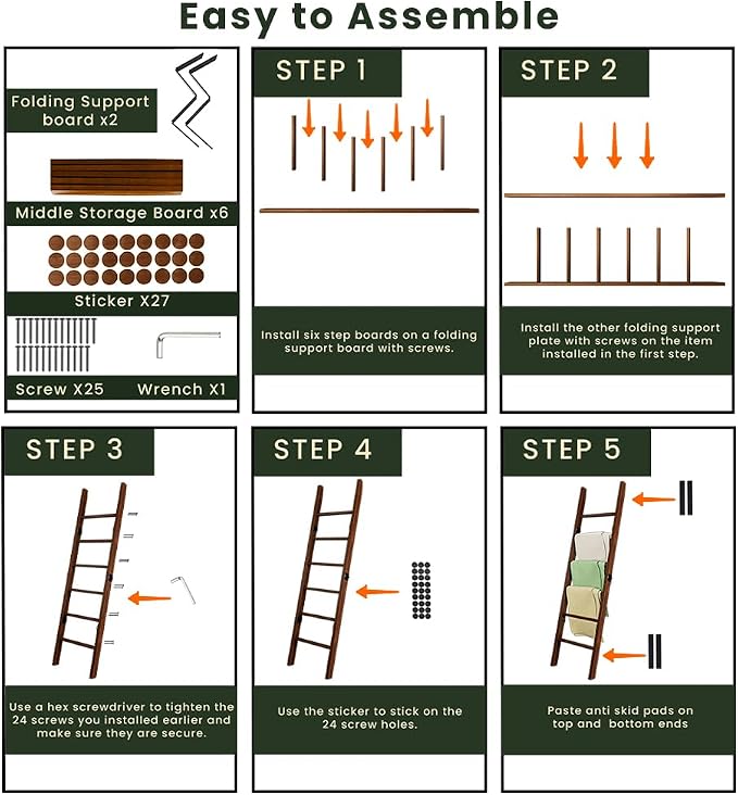 Decorative Foldable Wooden Blanket Ladder, 6-Tier Pine Wood Quilt Ladder 68" — Easy Assembly, Anti-Slip, Farmhouse Decor Rack Stand for Living Room, Bedroom Bathroom (Brown)