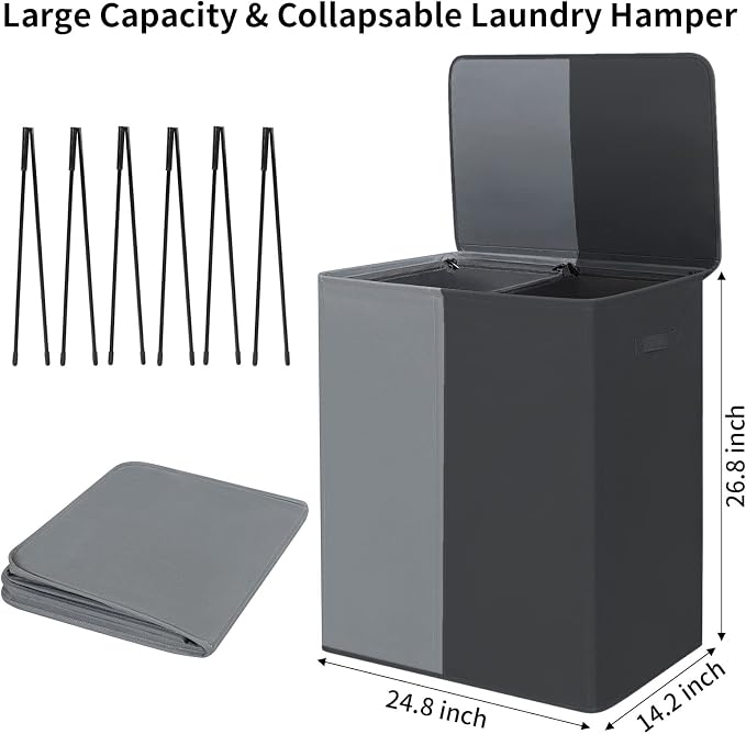 WOWLIVE Double Laundry Baseket with Lid and Removable Laundry Bags,154L Large Laundry Hamper 2 Section Collapsible Dirty Clothes Hamper for Laundry Room,College Dorm,Bathroom, Black and Grey