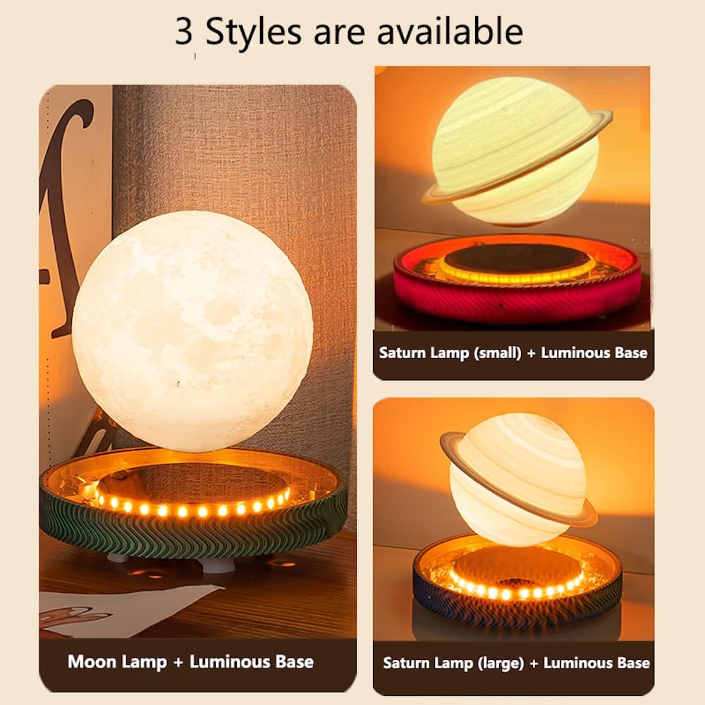 KIYOMING Levitating Moon Lamp Floating Saturn Lamp with Transparent Luminous Light Base Suspension 360° Rotation Saturn Light 3 Colors Display Mode Table Lamp for Home Office