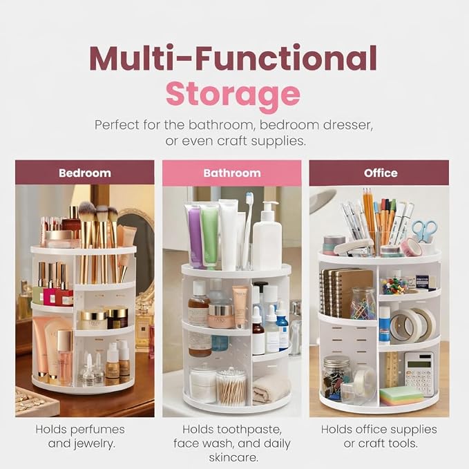 Masirs 360 Rotating Makeup Organizer for Vanity, Adjustable Shelf Height, Large Capacity Cosmetic and Skincare Storage, Lazy Susan Perfume Organizer for Dresser, Bathroom Countertop, White