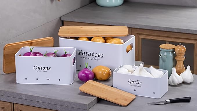 Simcat Kitchen Vegetable Storage Tins Set of 3, Potato Onion Garlic Kitchen Storage Canisters, Vegetable bin Keeper Containers with Aerating Holes and Wooden Lid (White)