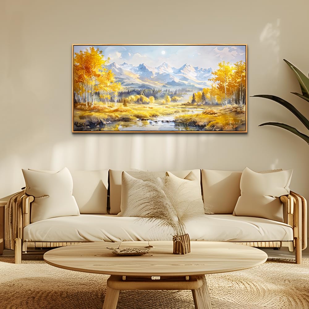 ZUITINGHUA Wood Framed Canvas Wall Art For Living Room Wall Decor For Bedroom Office Wall Decorations Yellow Tree Landscape Paintings Mountain Pictures Artwork Room Aesthetic Home Decor 20x40 In