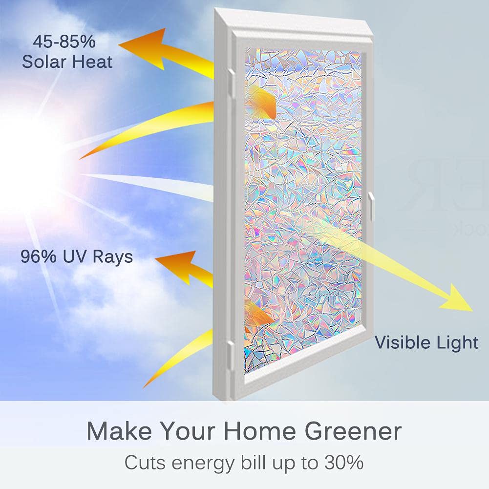 Volcanics Window Privacy Film with Installation Tools, Static Window Clings Vinyl 3D Decals Stickers Rainbow Window Film for Glass Door Heat Control Anti UV 17.5 x 78.7 Inches