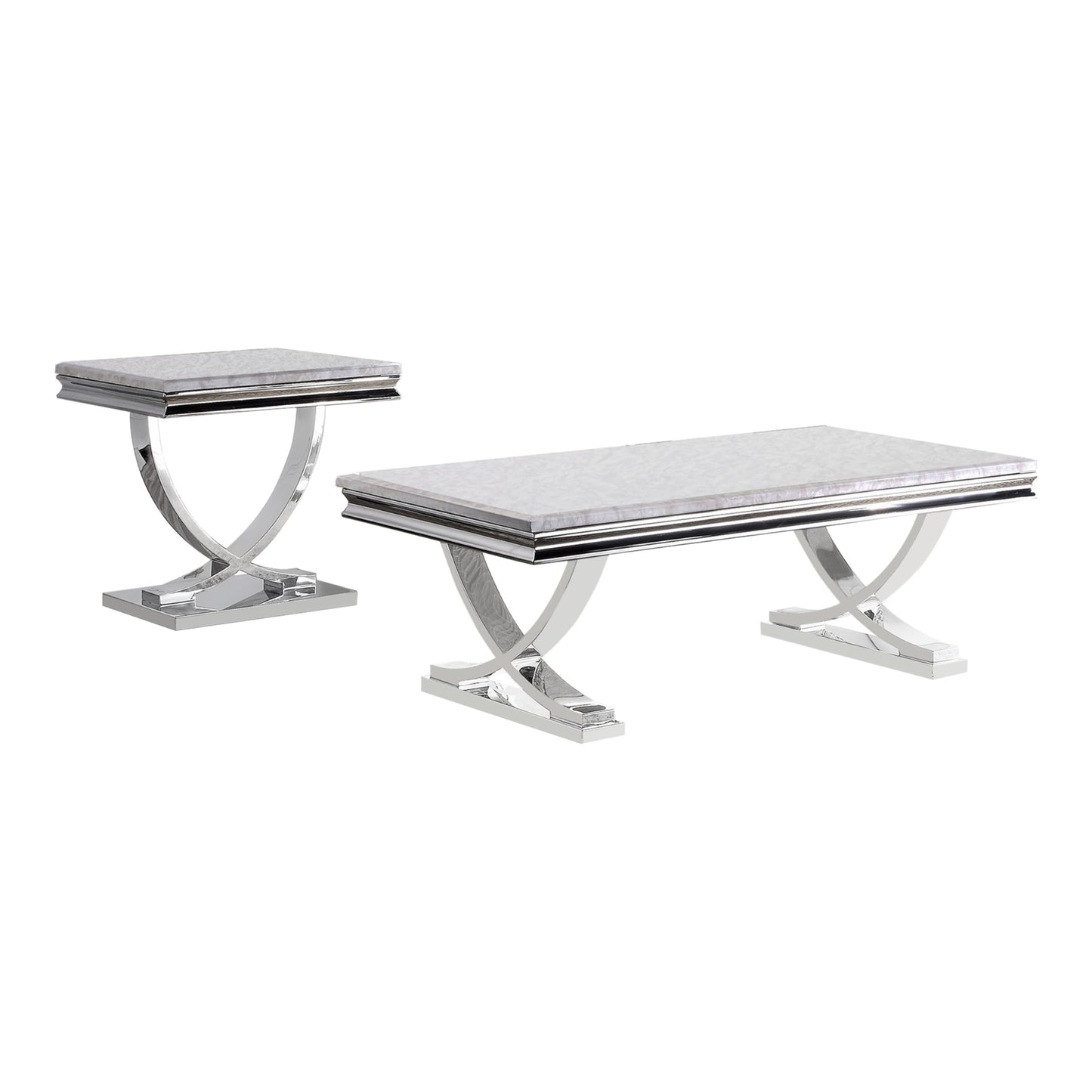 Furniture of America Obera 18mm Faux Marble Top 2-Piece Coffee Table Set with X-Shaped Base, Metal Construction, Home Decor for Living Room, Lounge Area, Office, Chrome