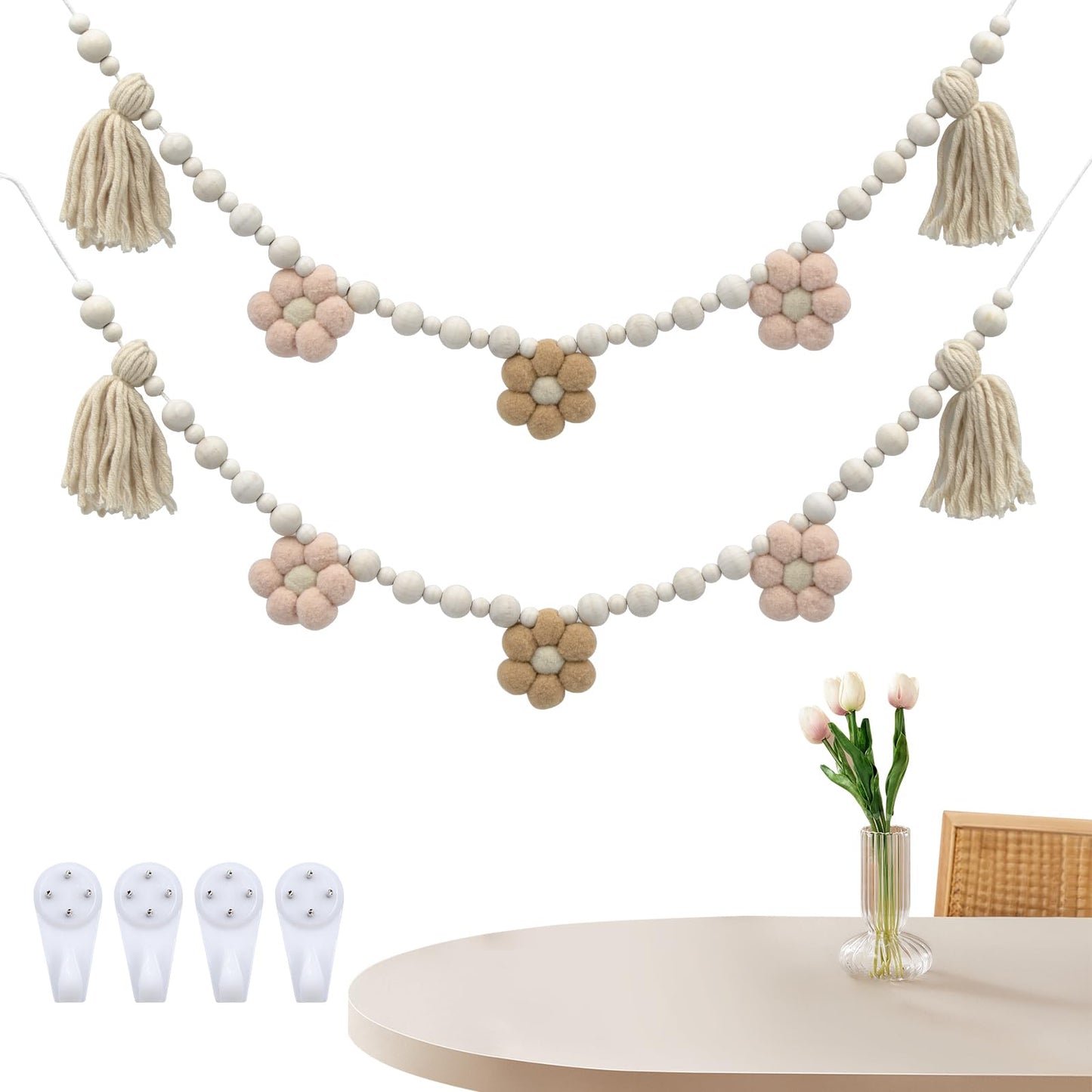 Decorations for Home, 2 Pack Boho Tassel Garland with Wooden Beads and Felt Flower, Wall Decorations for Living Room, Home Decor for Kitchen, Living Room, Entryway