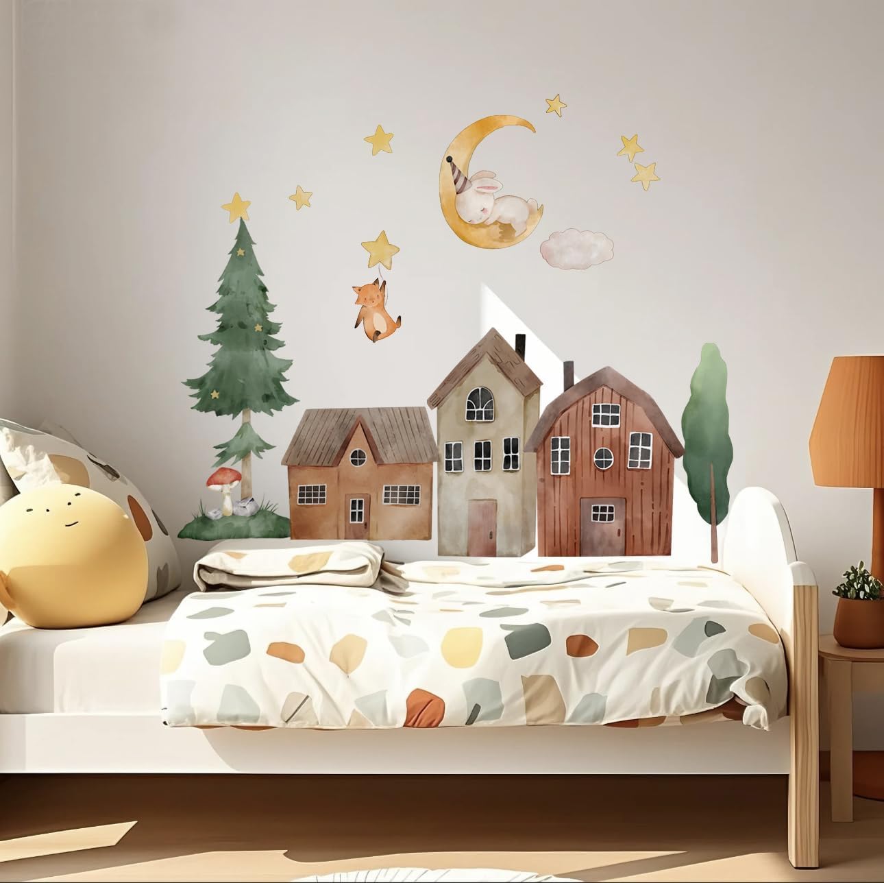 Cute Forest House Wall Decals for Kids Room, Large Nursery Wall Stickers with Moon & Stars, Eco-Friendly PVC Wall Decor for Bedroom