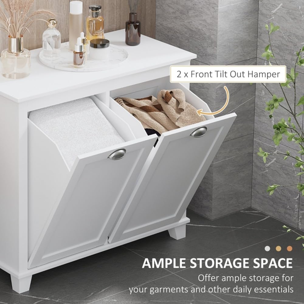 White Tilt Out Laundry Hamper Cabinet Bathroom Storage Organizer White Small Space Floor Standing Sorter with 2 Compartments Laundry Room Bedroom Hidden Hamper Freestanding Narrow Space Saving