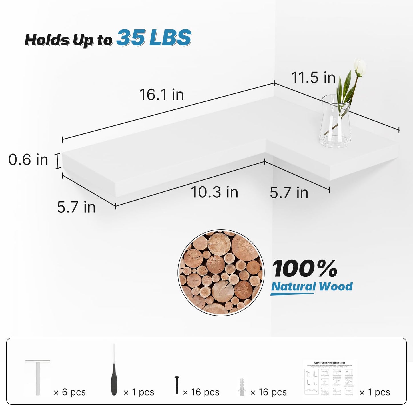 NATURE'S SOURCE Floating Corner Shelves with Invisible Brackets Set of 3, Corner Shelves Wall Mounted, for Home Bedroom Bathroom Kitchen Living Room Office- 16.1" x 11.5" (Pure White)