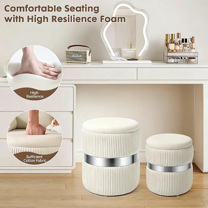 Round Storage Ottoman Set of 2 Vanity Stool for Living Room, Space-Saving Coffee Table with Hidden Compartment, Sturdy Seating for Small Apartments & Bedroom, Assembly Free White