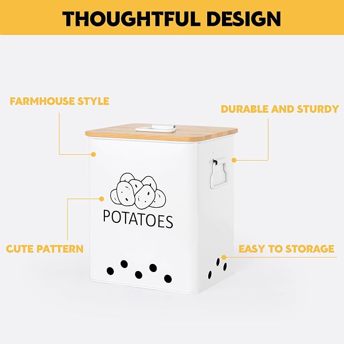 Potato and Onion Storage Bin, Set of 2 Vegetable Storage Tins with Wooden Lids & Side Handles, Dual-row Ventilation Holes, Farmhouse Metal Kitchen Canisters Sets, White