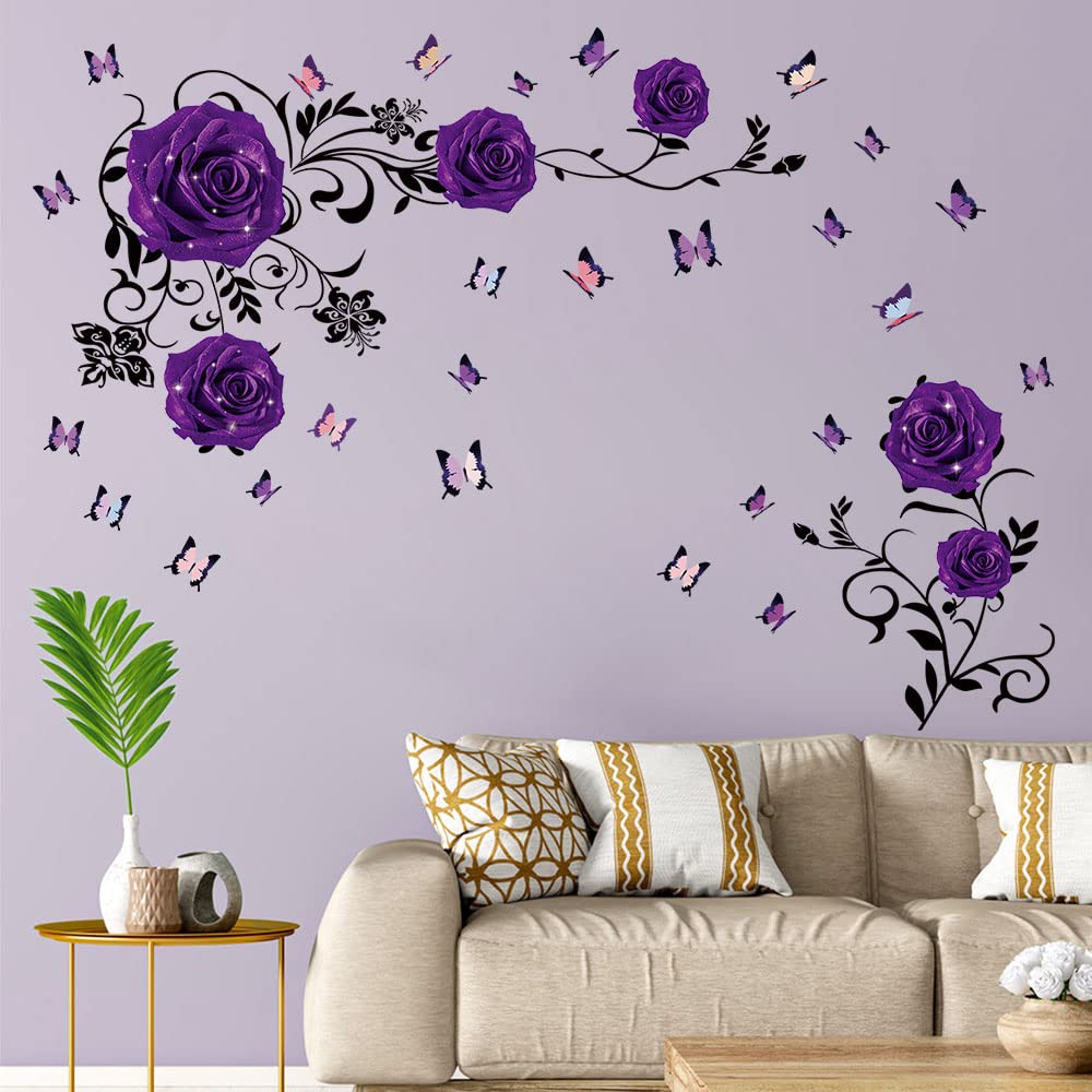 Supzone Purple Rose Wall Stickers Rose Flower Vine Wall Decal Purple Peony Floral Wall Decor DIY Vinyl Mural Art for Bedroom Living Room Sofa Backdrop