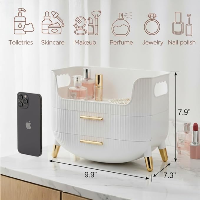 HALAFE Makeup Organizer with Drawers, Skincare Storage Box for Vanity, Multiple Compartments, Portable Cosmetic Display Case with Handle, Large Make up Organizers for Dresser, Bathroom, Bedroom, White