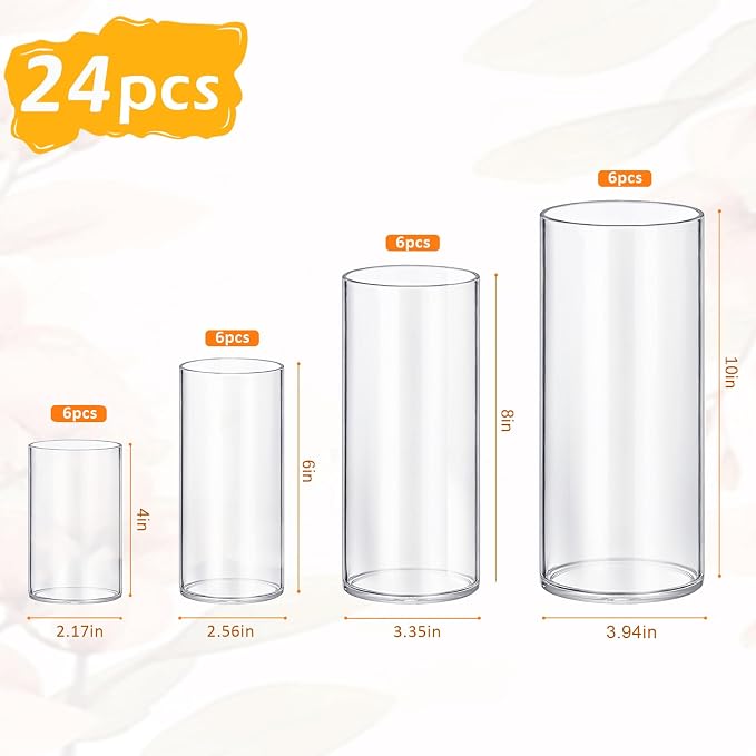 24 Pack Glass Cylinder Vases 4,6,8,10 Inch Tall Clear Flower Vase Hurricane Floating Candle Holder for Table Centerpiece Wedding Home Decor
