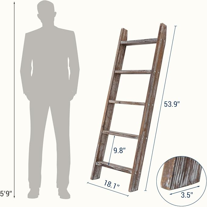 MyGift Decorative Ladder Shelf, 4.5 Foot Wall Leaning Wooden Towel Blanket Ladder Storage Rack for Bathroom or Living Room, Torched Brown Wood