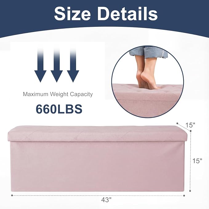 DUMOS 43in Foldable Storage Ottoman Bench, Storage Chest, Large End of Bed Foot Rest Stool with Padded Seat, Bedroom Bench for Living Room, Support 660lbs, Pink