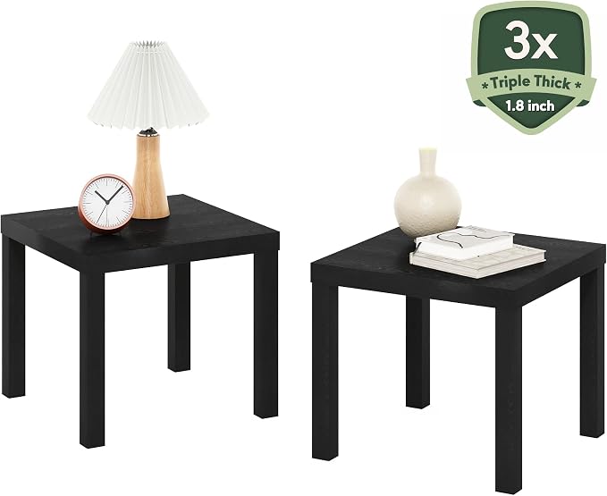 Furinno Classic Toolless Assembly Square Side Table Set of 2, Black End Table with 1.8 Thick Tabletop, Night Stand, Bedside Table, for Living Room, Bedroom, Classic Black