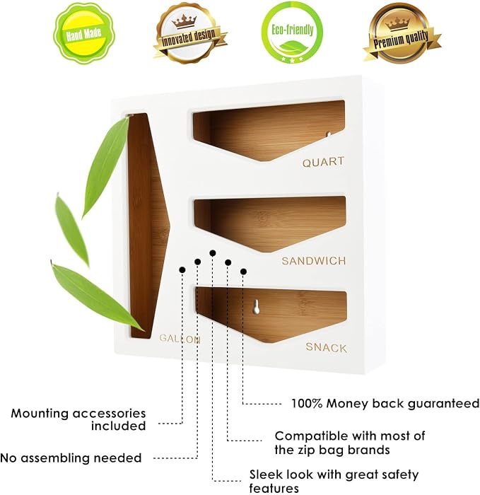 Bamboo Bag Storage Organizer for Kitchen Drawer, Baggie organizer, Compatible with Gallon, Quart, Sandwich and Snack Variety Size Bags (White)