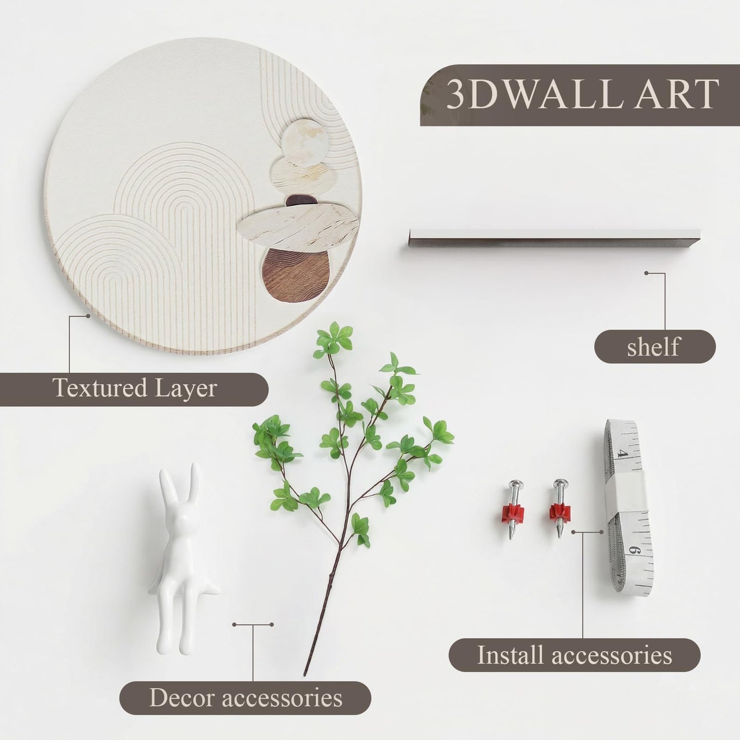 3D Textured Abstract Wall Art Decor,Boho Neutral Beige and Brown Modern Minimalist Artwork with Vase for Walls,Large Round Sandstone Geometric Painting for Living Room, Bedroom, Office, Hallway, 24x24