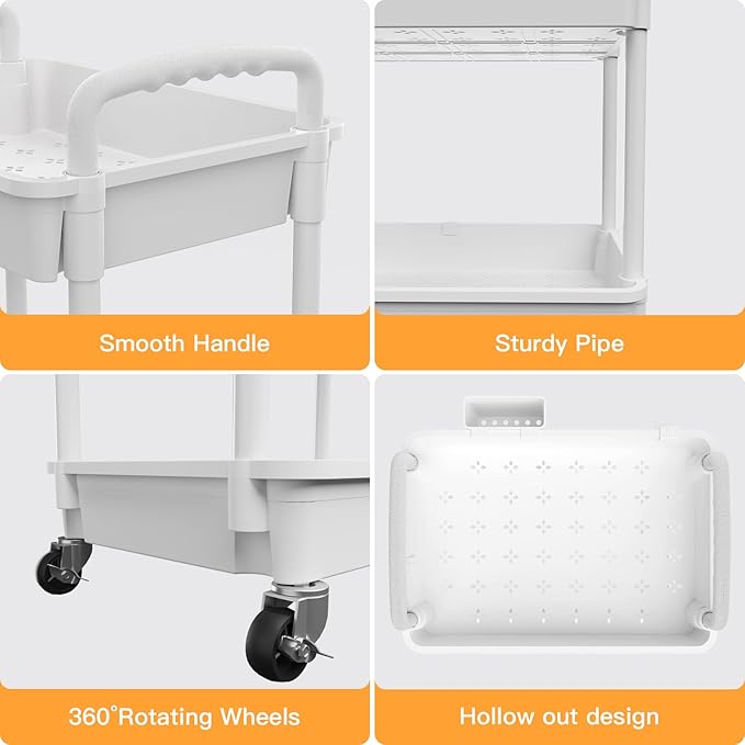 4 Tier Rolling Utility Cart with Handle,REBECAT Utility Cart Made of Multifunctional Storage Organizer Tool for Kitchen,Bathroom,Living Room,Office(White)