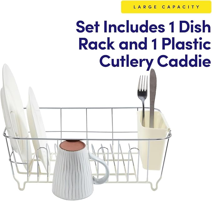 Dish Drying Rack & Cutlery Holder 2 Piece Set - Compact Sink-Fitting Dish Drainer with Rubberized Undercoating, Space-Saving Kitchen Organizer for Plates, Cups, Bowls & Utensils in Sink, Ivory
