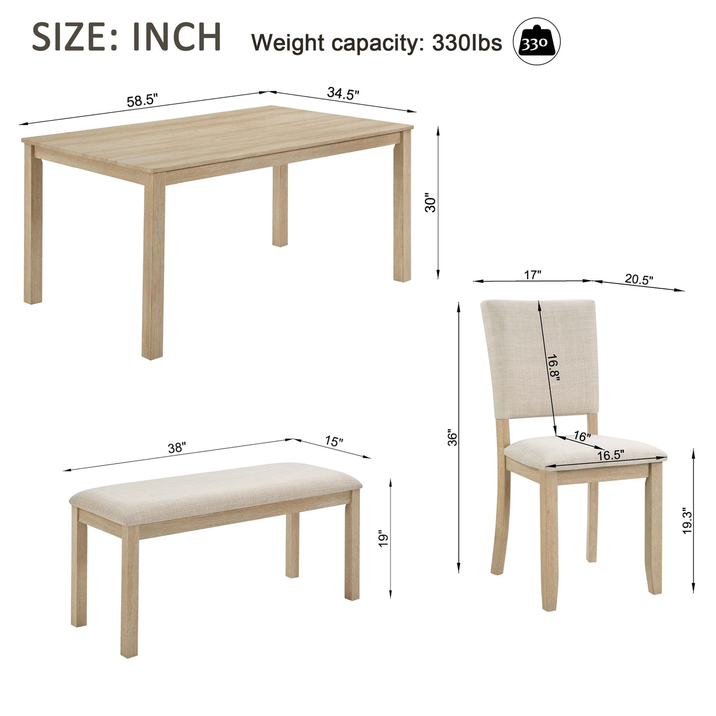 KEIKI 6-Piece Standard Height Dining Table Set with Rectangular Table, 4 Upholstered Chair, Bench, for 6 Person, Modern Style Wooden Table Set, Easy Assembly, for Kitchen, Dining Room, Light Oak