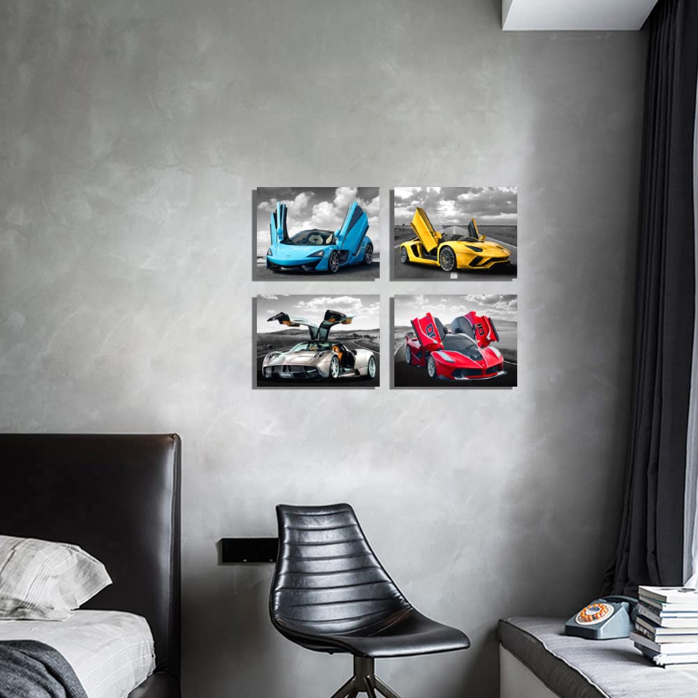 Car Posters Wall Art for Office, Living Room Bedroom Boys Room Décor Sports Wall Art Large Car Art Framed Canvas Print Art Man Cave Decoration Black and White Car Pictures 20"x16", 4pieces
