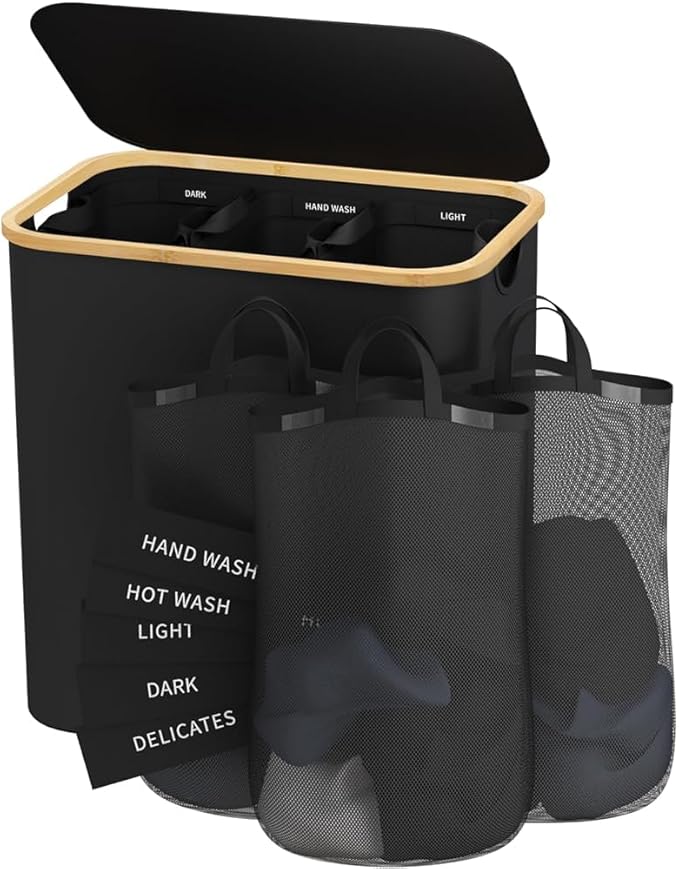 Laundry Hamper with Lid, 160L Dirty Clothes Hamper for Laundry Basket 3 Section, Extra Large Laundry Sorter Hamper 3 Compartment with Removable Inner Bags & Labels, Black
