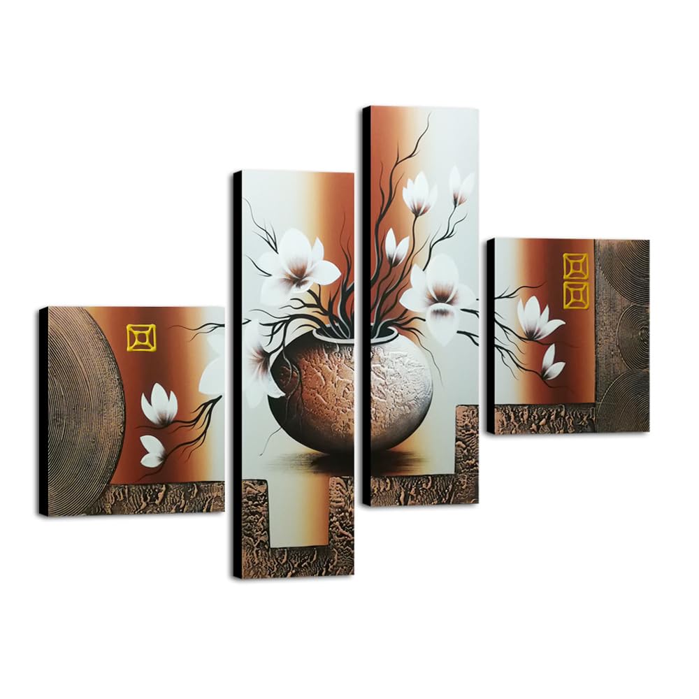 Wieco Art Huge Size Artwork 4 Panels 100% Hand-painted Modern Canvas Wall Art Elegant Flowers Paintings for Wall Decor Floral Oil Paintings on Canvas Art