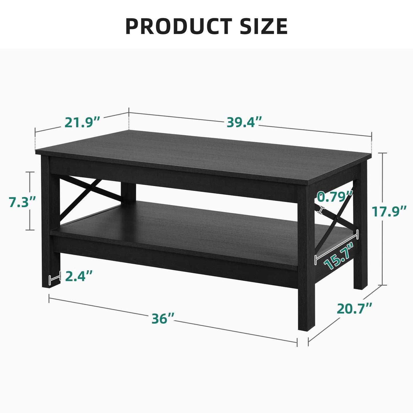 YITAHOME Coffee Table for Living Room, Modern Farmhouse Coffee Table with Storage, 2-Tier Center Table Wood Living Room Table Accent Cocktail with Sturdy Frame, Black