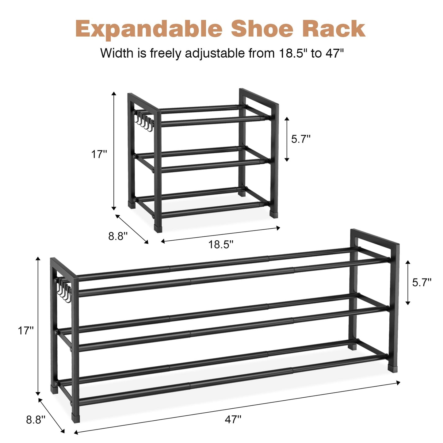 VGOBLO Expandable Shoe Rack - 18.5''- 47'' Adjustable Shoe Rack for Closet, 3 Tier Long Shoe Shelf Storage for 18 Pairs Shoe and Boot, Sturdy Metal Shoe Organizer for Entryway, Garage, Black