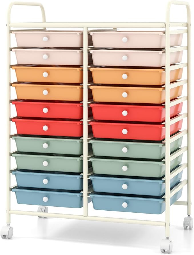 Giantex 20 Drawers Rolling Cart, Mobile Storage Drawer Cart, Classroom Organizer Cart for Office School Supplies Teacher Tools Scrapbook Paper Craft Small Printer, Utility Cart on Wheels, Macaron