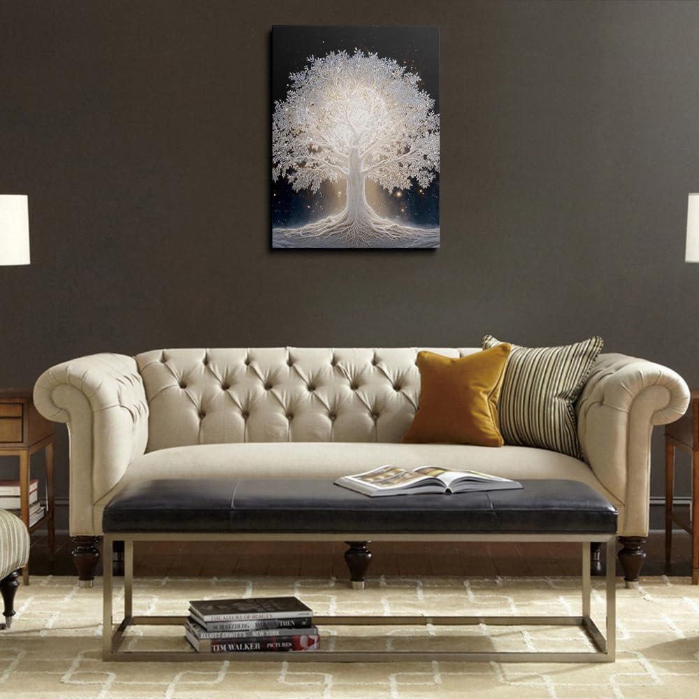 Glowing Tree of Life Under Starry Night Sky Abstract Canvas Wall Art Framed Mystical Fantasy Nature Painting Prints Posters Artwork for Modern Living Room Bedroom Wall Decor Unique Gift 12x16 Inches