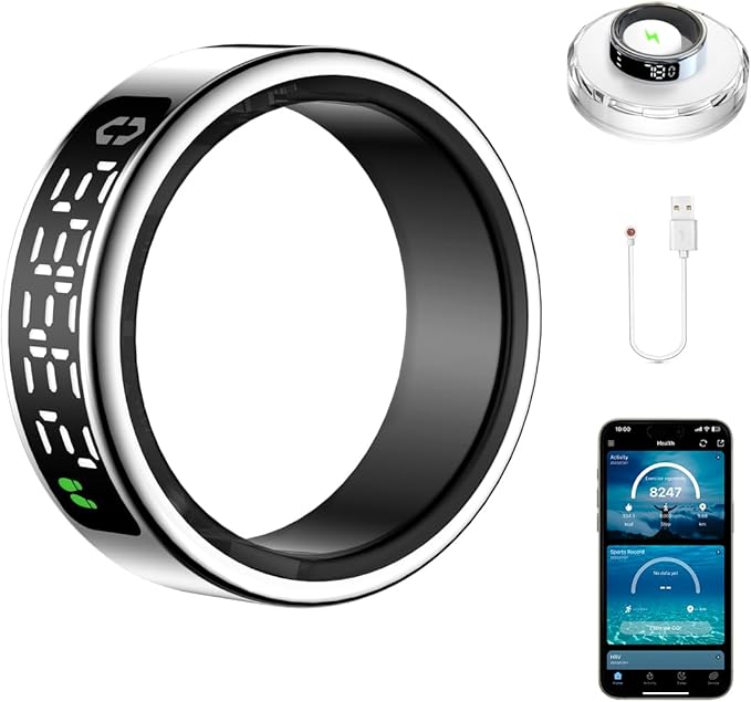 Smart Health Ring with Screen,for Women Men Fitness Tracker Heart Rate, Blood Oxygen, HRV, Sleep Monitoring, Step Counting, IP68 for iPhone and Android, No Subscription Fee (Silver, 10#)