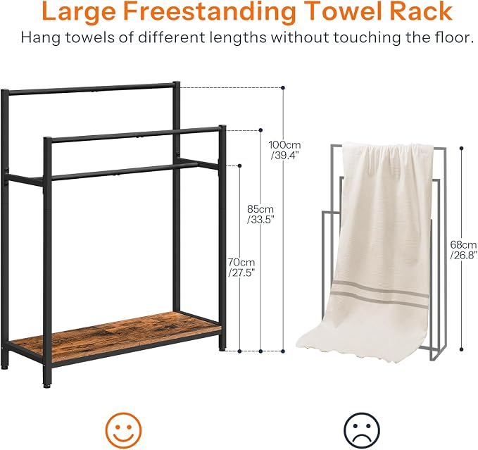 HOOBRO Extra Large Free Standing Towel Rack, 3 Tier Blanket Rack, Blanket Holder for Bathroom, 32.3" L x 11.4" W x 39.4" H, for Living Room, Bedroom, Rustic Brown and Black BF30LB01