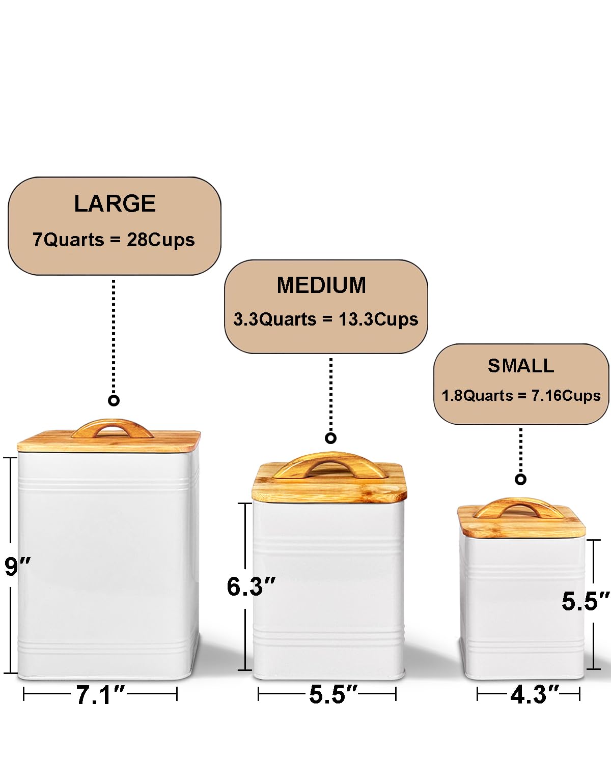 vensovo Kitchen Canister Set of 3 - Large 7 Qt Flour and Sugar Containers Airtight - White Metal Food Storage Jars with Bamboo Lids, Iron Spoon & Erasable Magnetic Labels, Farmhouse Decor for Pantry