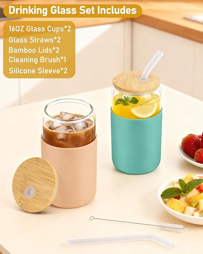 Glass Cups with Lids and Straws, 2 Pack 16OZ Iced Coffee Cups with Silicone Sleeve, Glass Tumbler with Straw and Bamboo Lid, Home Essential Drinking Set for Juice, Cocktail and Latte Khaki&Green