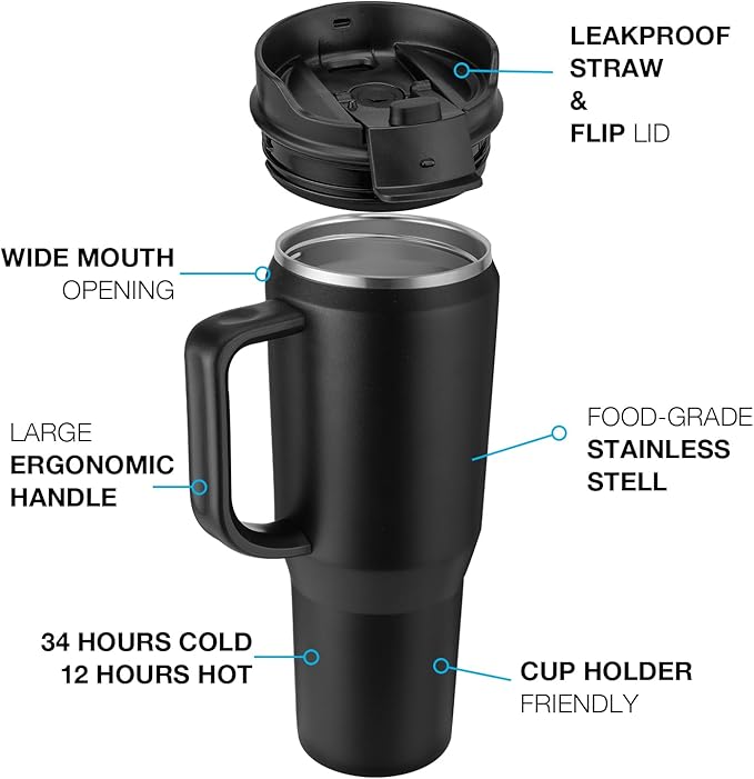 EALGRO 40 oz Tumbler with Handle, Insulated Tumblers with Lid and Straw, Large Metal Sports Water Bottle Jug, Thermal Stainless Steel Travel Coffee Mug Cup, Light Blue