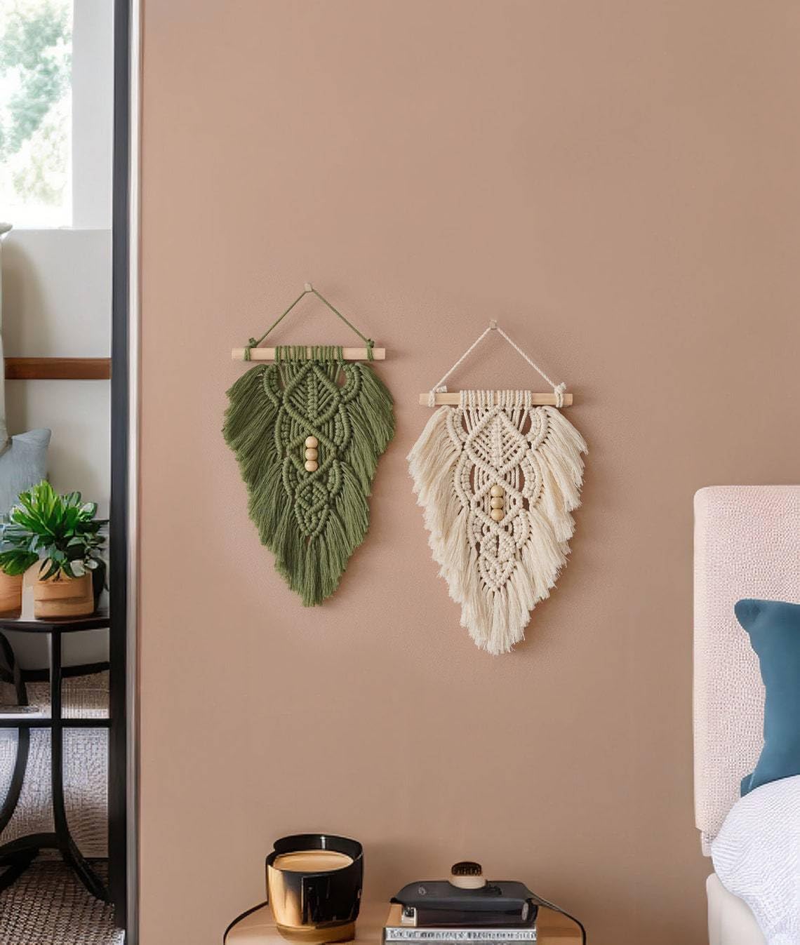 Boho Macrame Wall Hanging Leaves,Green Woven Leaf Tapestry,Tapestry Bohemian Chic Wall Décor, Feather Walls Hanging Boho Decor for Dorm Home Bedroom Western Room Decoration Gift for Women
