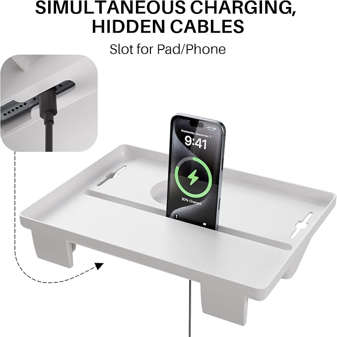 JOYMOOP Clip-On Bedside Shelf for Bunk Beds, Dorm Room Essentials, Bedside Caddy, No-Tool Install Bed Side Table Storage for Loft, Platform Beds, Nightstand Caddy for Phone, Glasses, Book (White)