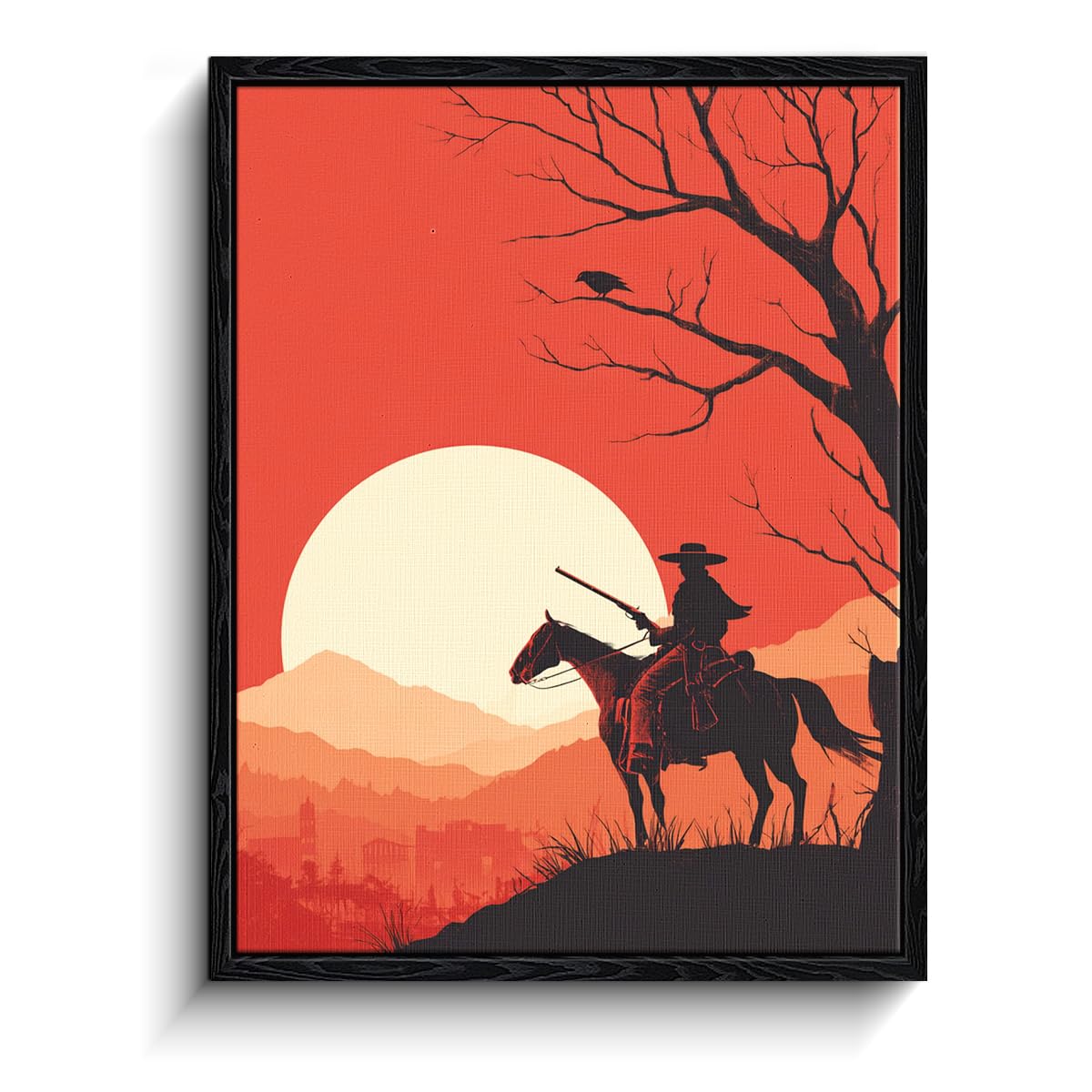 WOXZQ Western Cowboy Horseback Silhouette Sunset Wall Art – 12x15 Inch Canvas Print – Wild West Poster for Gaming Room Bedroom Living Room Decor