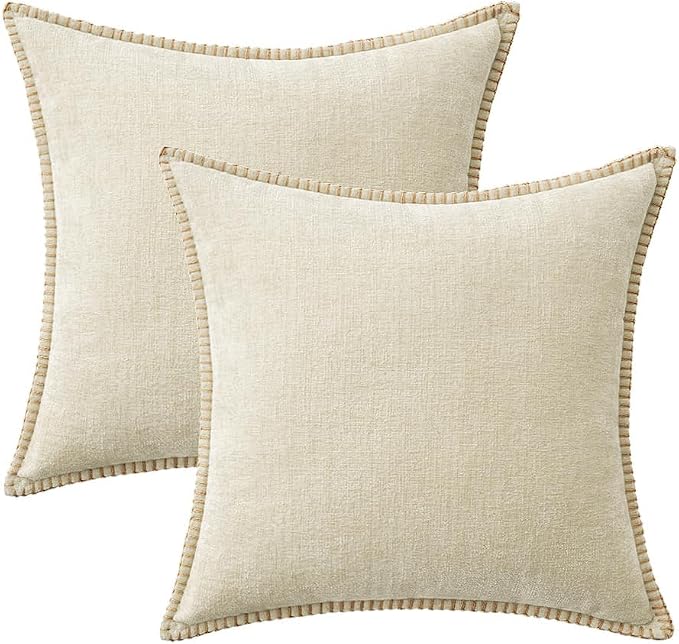 MIULEE Pack of 2 Pillow Covers 18x18 Inch Cream White Farmhouse Decorative Throw Pillow Covers with Stitched Edge Soft Chenille Solid Dyed Couch Pillow Covers for Sofa Bed Living Room