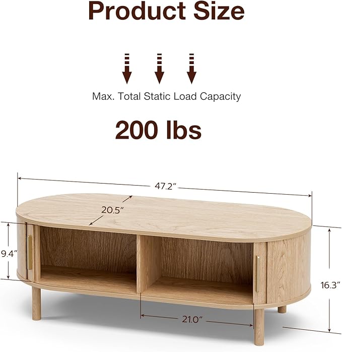ZttRiee Coffee Table for Living Room, Modern Oval Coffee Table with Cabinets & Sliding Doors, Home Small Space, 47.2" Fluted Center Table, Natual