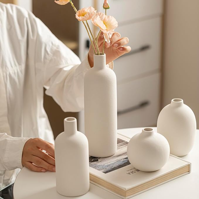 Modern Ceramic Vase Set, White Colors, Decorative Vases for Home Decor, 4 Piece Collection (White)