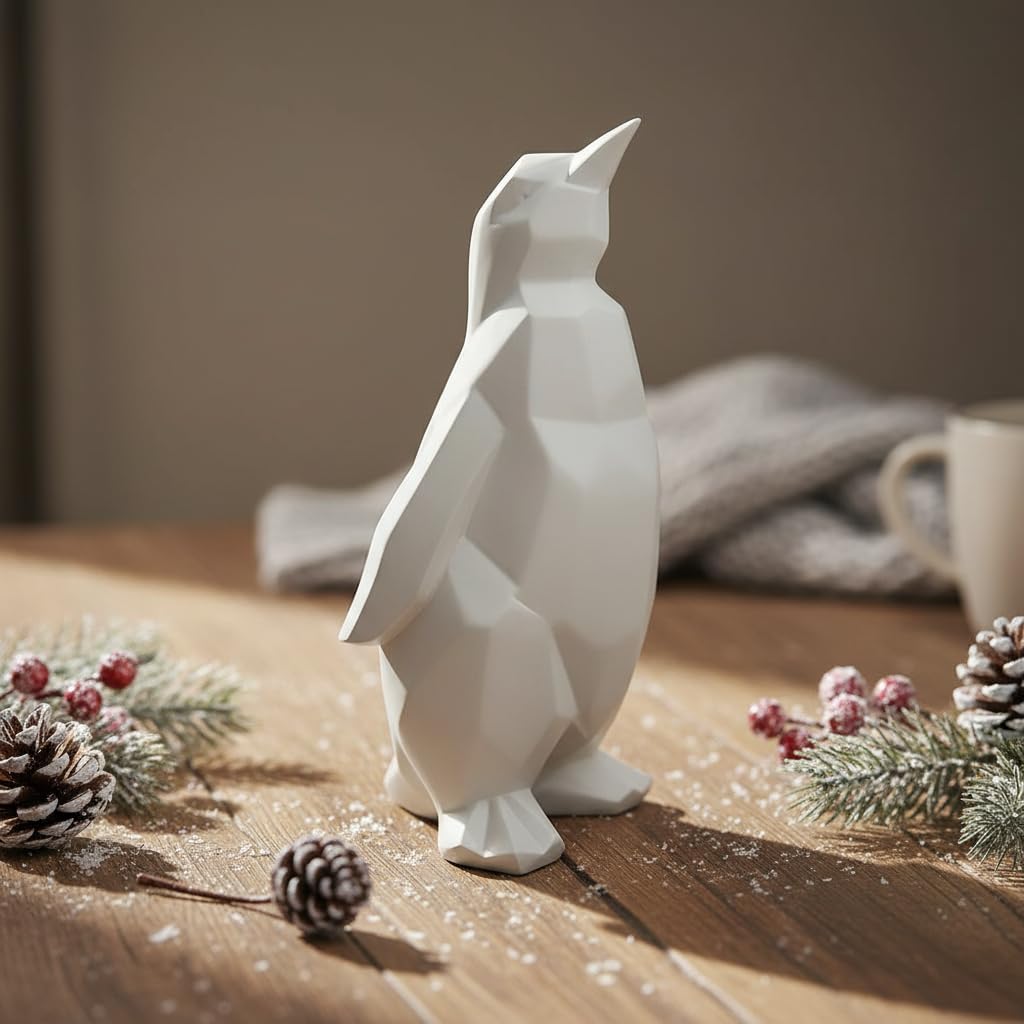 Comfy Hour 7" Modern Penguin Figurine, Scandinavian Animal Decor, Minimalist Geometric Statue for Home Office, White Polyresin Artisan Crafted Sculpture, 1 Unit