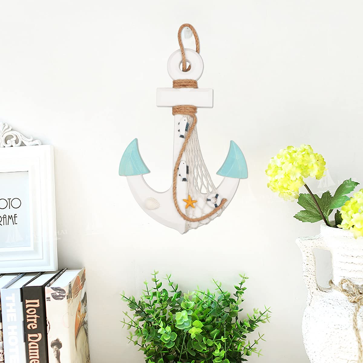 13" Nautical Wooden Anchor with Rope Nautical Beach Wood Anchor Wall Art Decor Door Hanging Ornament Beach Theme Home Decoration (White&Green)