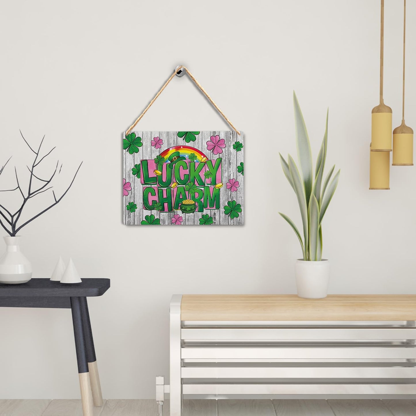 Absnfatu Lucky Charm St Patrick's Day Hanging Wood Sign 10x8, Irish Shamrock Clover Rainbow Wooden Hanging Plaque Wall Decor for Home Office