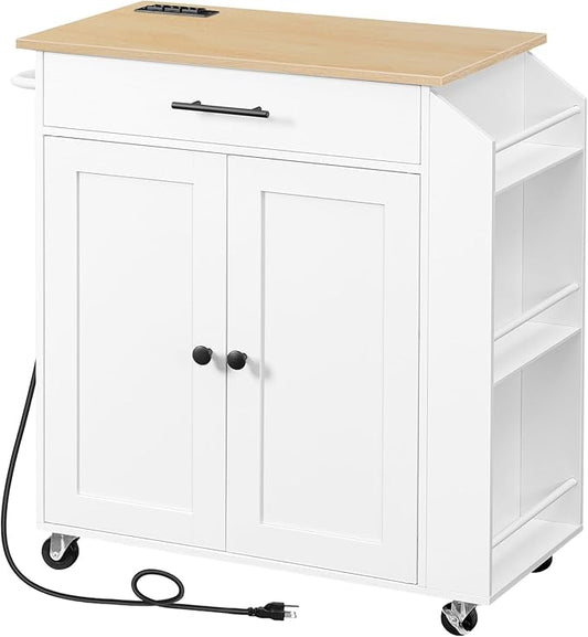 HOOBRO Kitchen Island with Power Outlet, Kitchen Storage Island with Spice Rack and Drawer, Rolling Kitchen on Wheels, for Home, Dining Room, Natural and White WN82UZD01G1